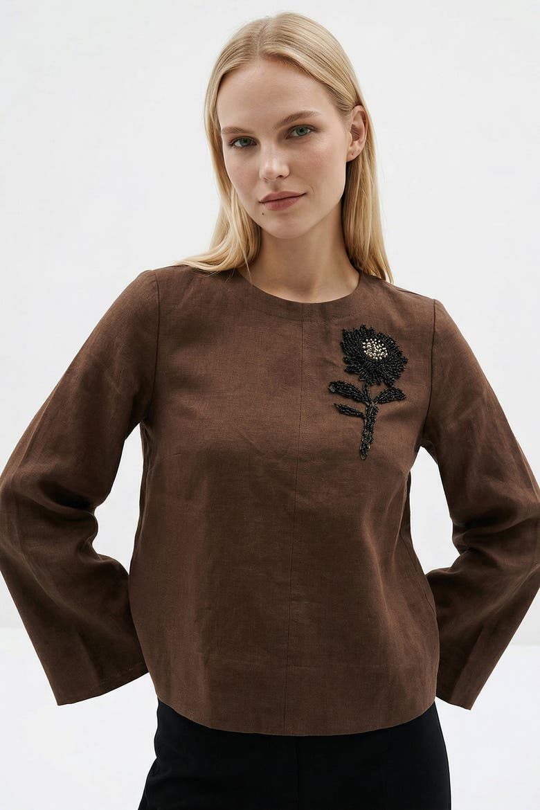 Fifine Long Sleeve Linen Blouse, Main, color, Brown