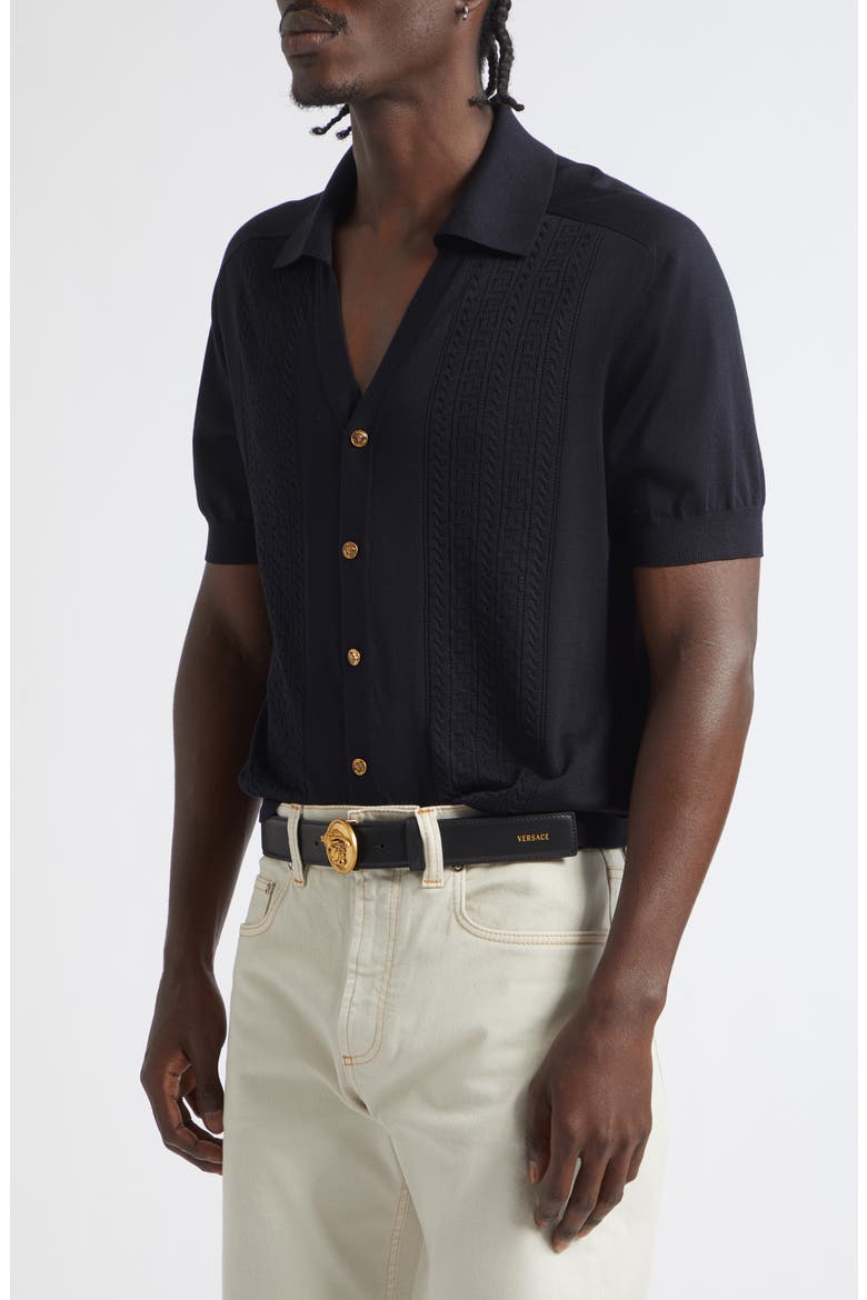 Greca Stitch Short Sleeve Cardigan, Alternate, color, NAVY