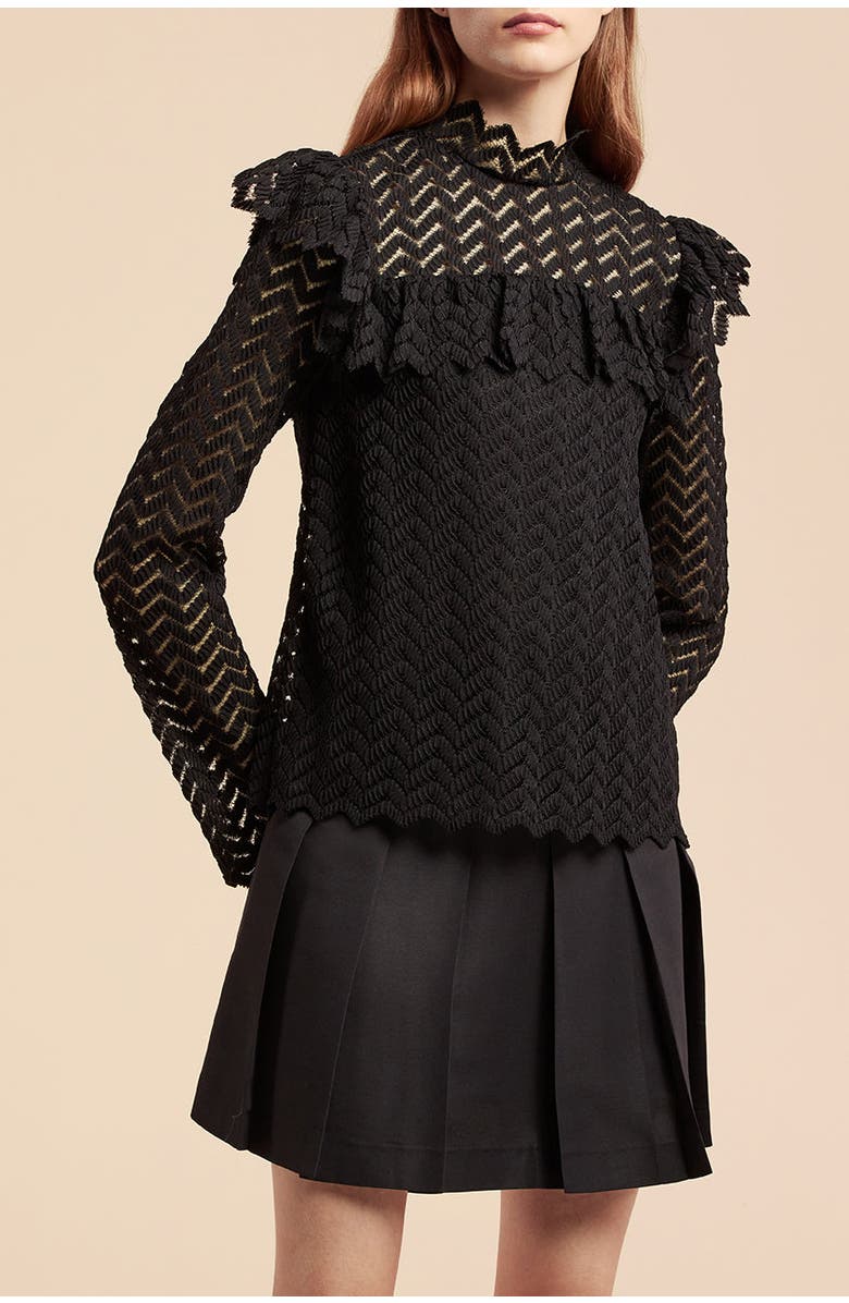 Rebecca Taylor Chevron Lace Top, Alternate, color, Black