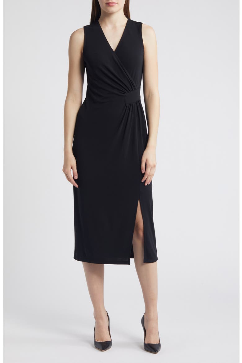 Faux Wrap Sleeveless Jersey Midi Dress, Main, color, ANNE BLACK