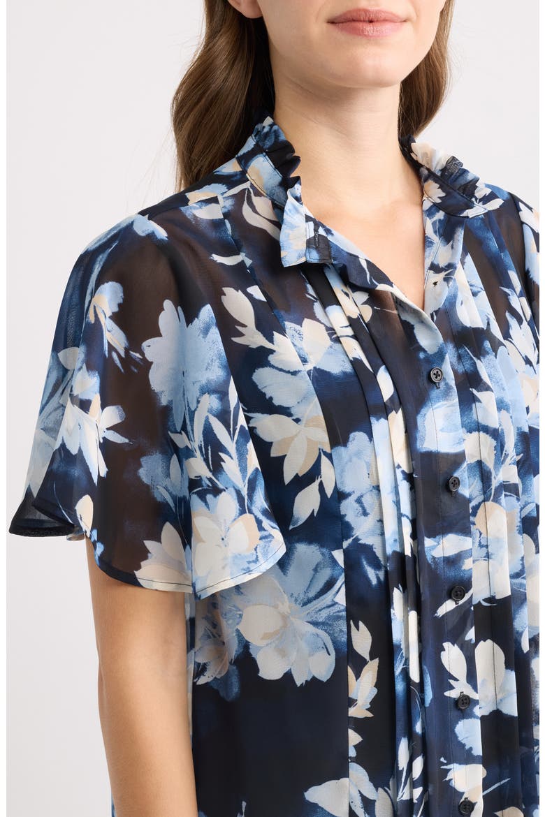 Pleated Floral Stand Collar Top, Alternate, color, DUTCH BLUE MULTI