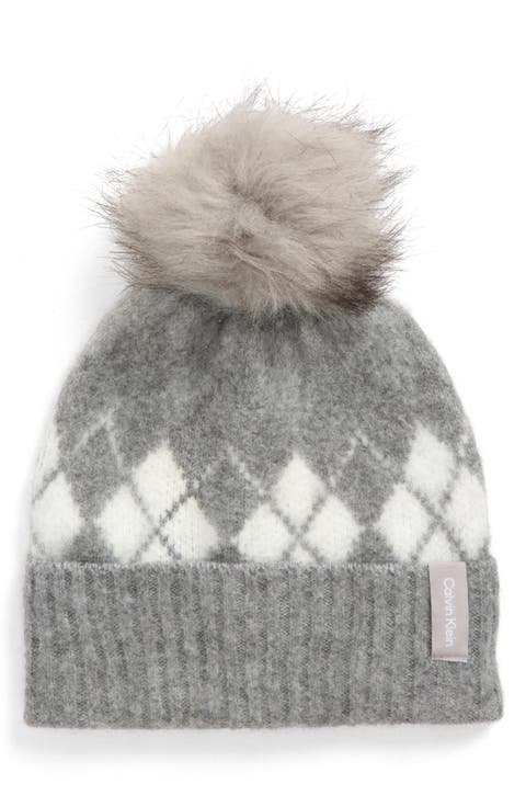 Argyle Faux Fur Pompom Beanie