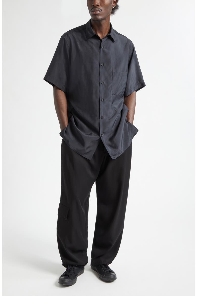 Big Short Sleeve Cupro Taffeta Button-Up Shirt, Alternate, color, BLACK
