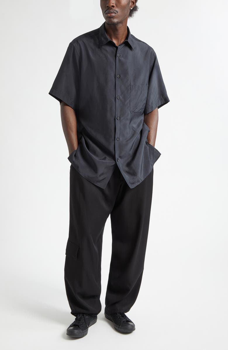 Yohji Yamamoto Big Short Sleeve Cupro Taffeta Button-Up Shirt, Alternate, color, Black