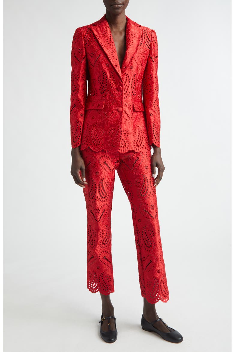 Paisley Eyelet Duchess Satin Trousers, Alternate, color, RED