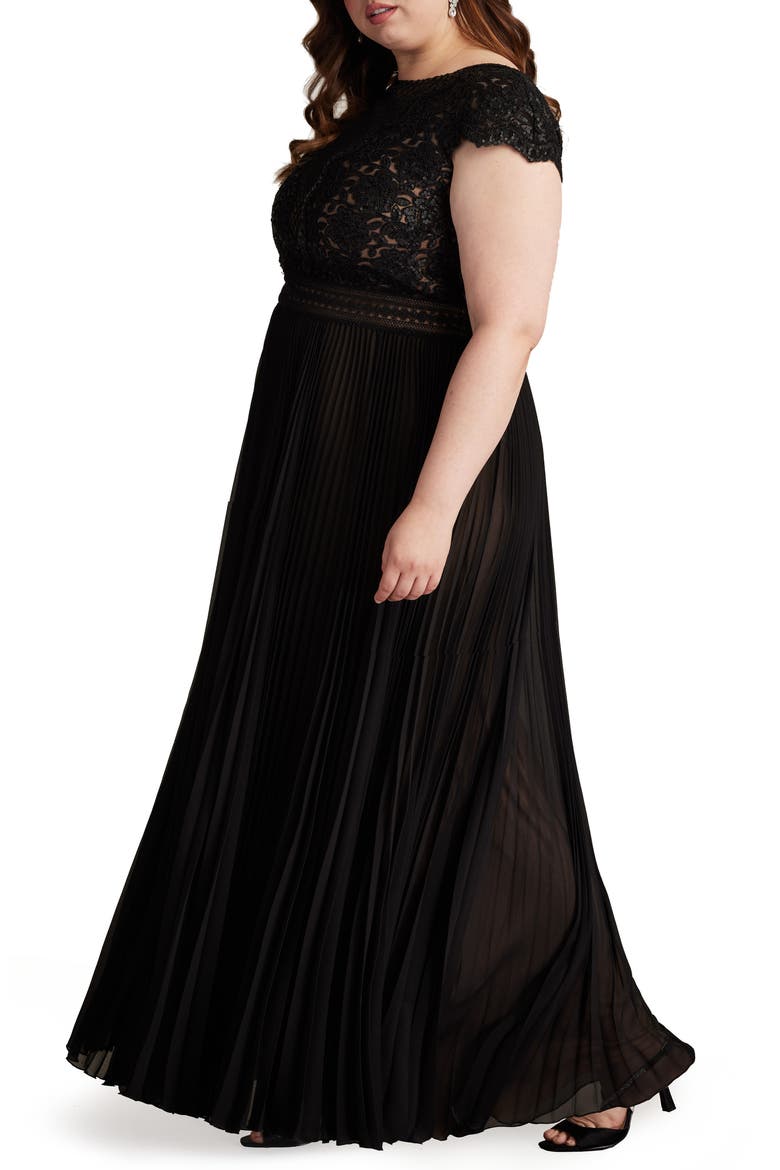 Sequin & Lace Bodice Pleated A-Line Gown, Alternate, color, BLACK/ NUDE