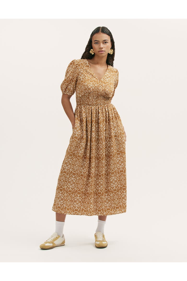 Kiara Printed V-Neck Midi Dress, Main, color, Brown Batik