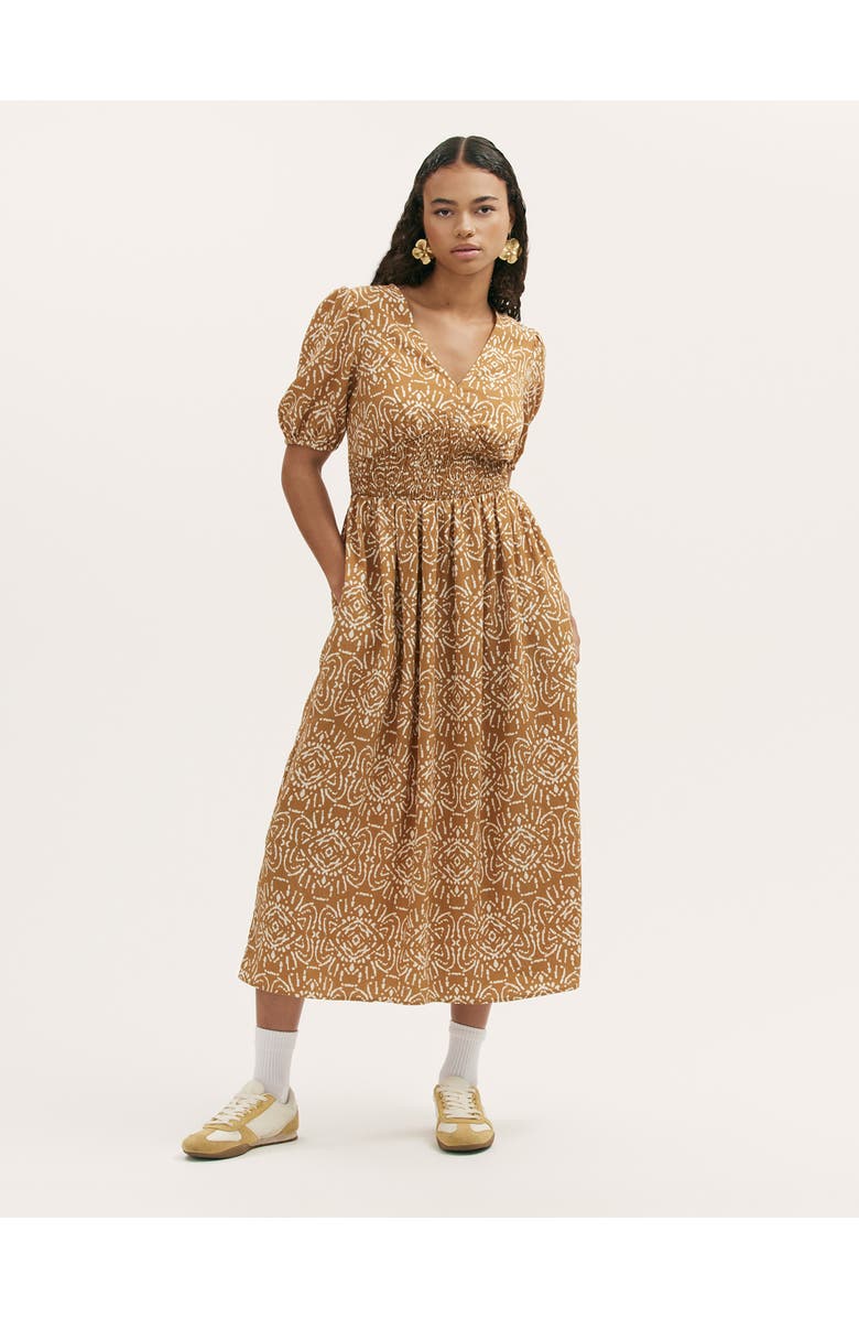 Finery London Kiara Printed V-Neck Midi Dress, Main, color, Brown Batik