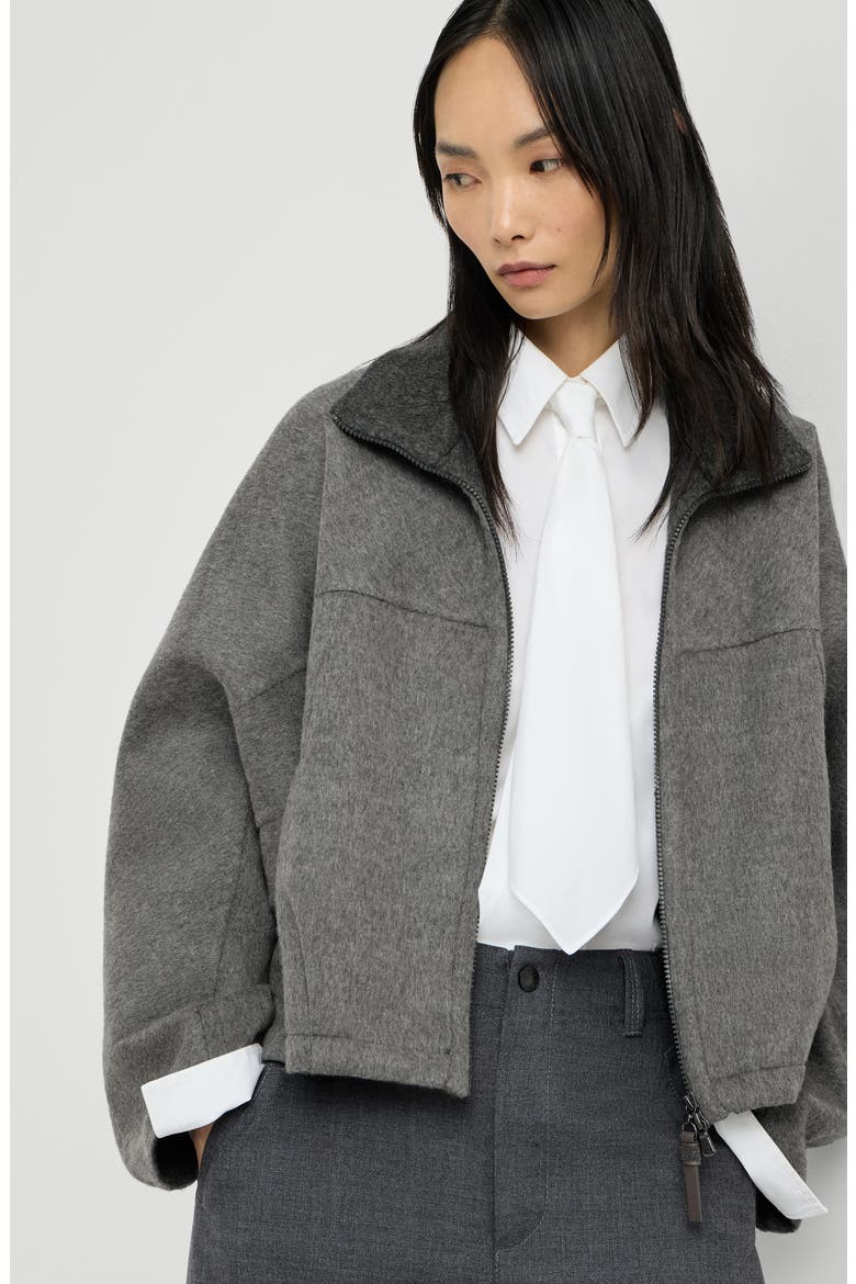 Hand-crafted bomber jacket in virgin wool double cloth with shiny zipper pull, Alternate, color, Dark Grey
