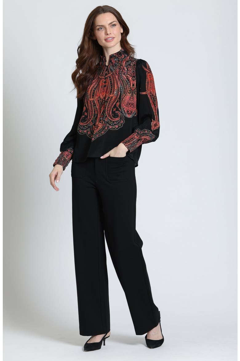 Print Smocked Cuff Long Sleeve Top, Alternate, color, CARBON/CORAL FLARE