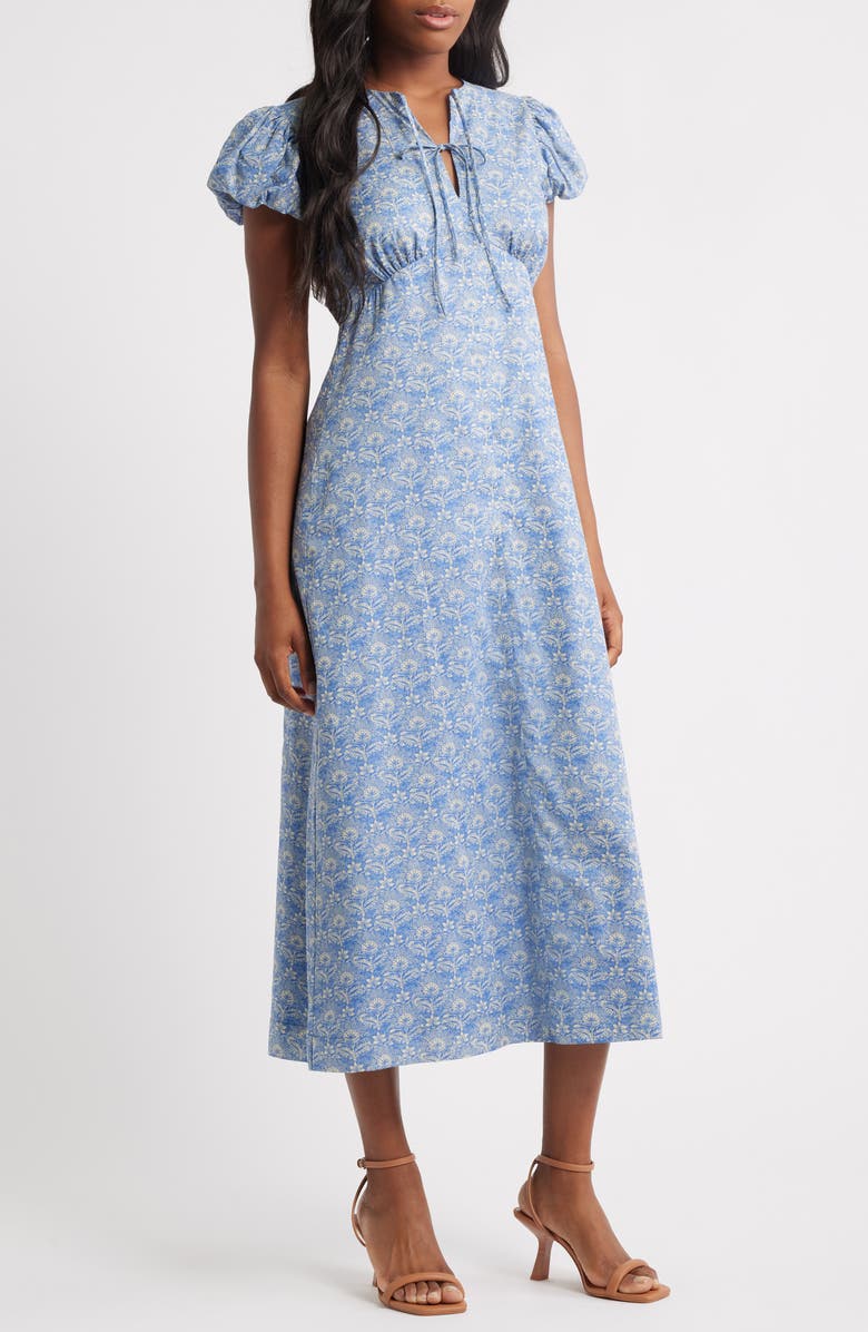 Charles Henry Damask Floral Cotton Midi Dress, Main, color, Blue Damask