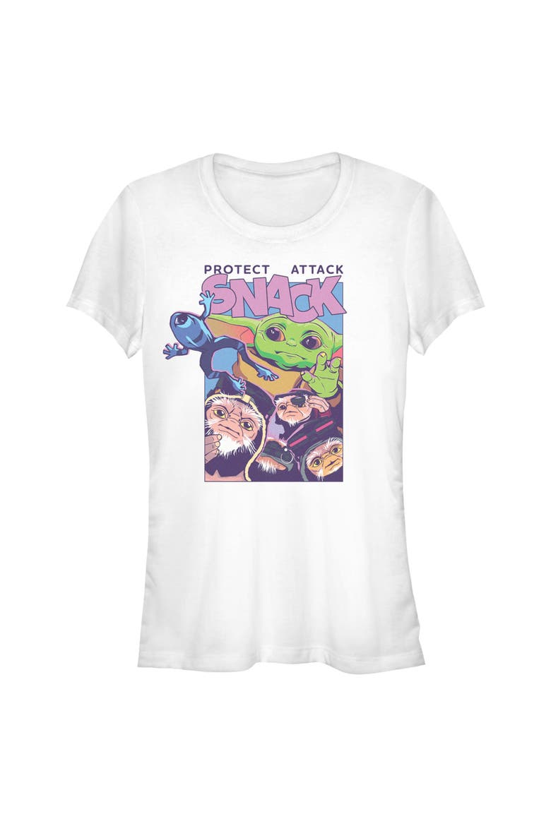 Junior's Star Wars The Mandalorian and Grogu Protect Attack Snack Collage  Graphic T-Shirt, Main, color, White