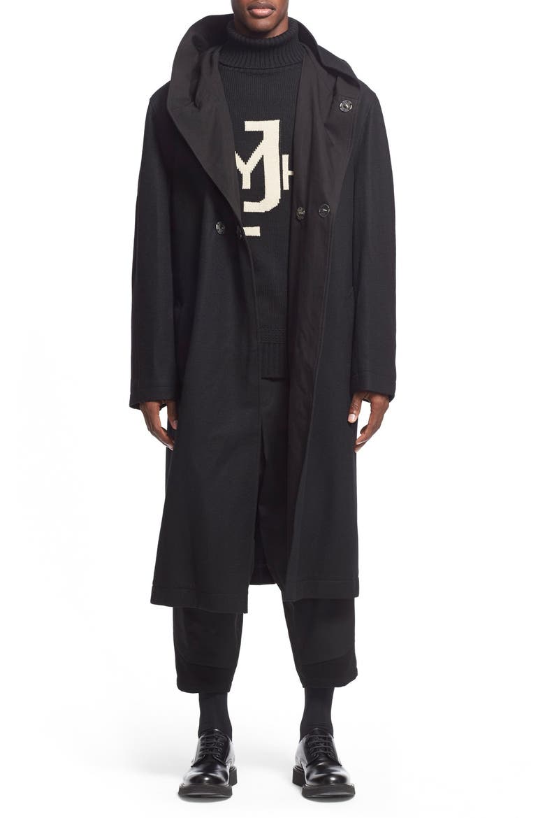 Yohji Yamamoto Asymmetrical Hooded Wool Coat, Alternate, color, BLACK
