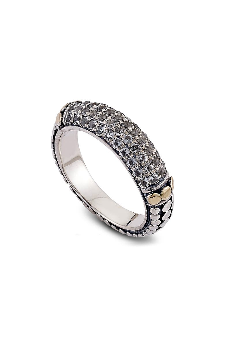 18K Gold & Sterling Silver Pavé Semiprecious Stone Band Ring, Main, color, WHITE