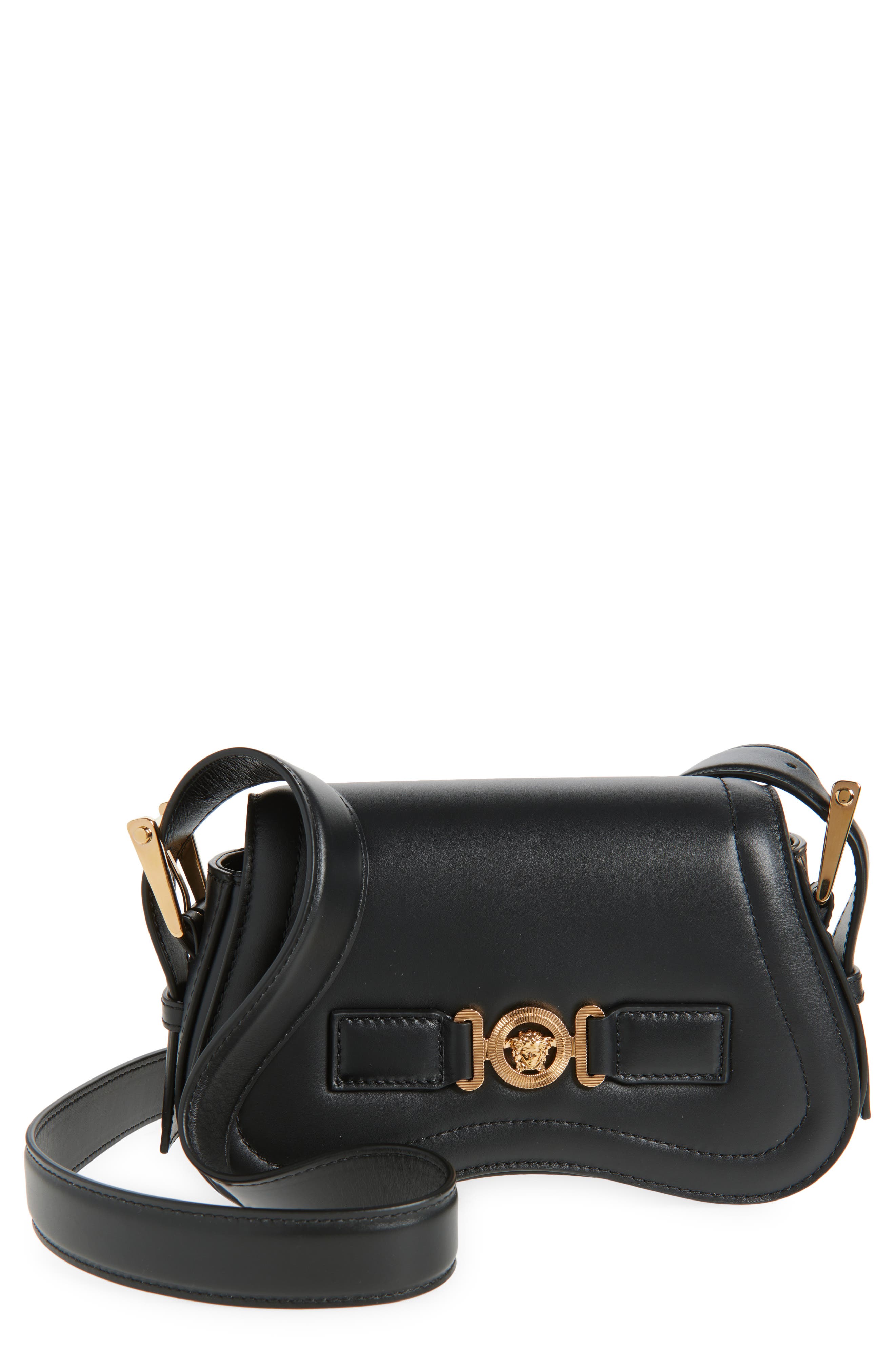 Versace Medusa Leather Shoulder Bag, Main, color, Black-Versace Gold