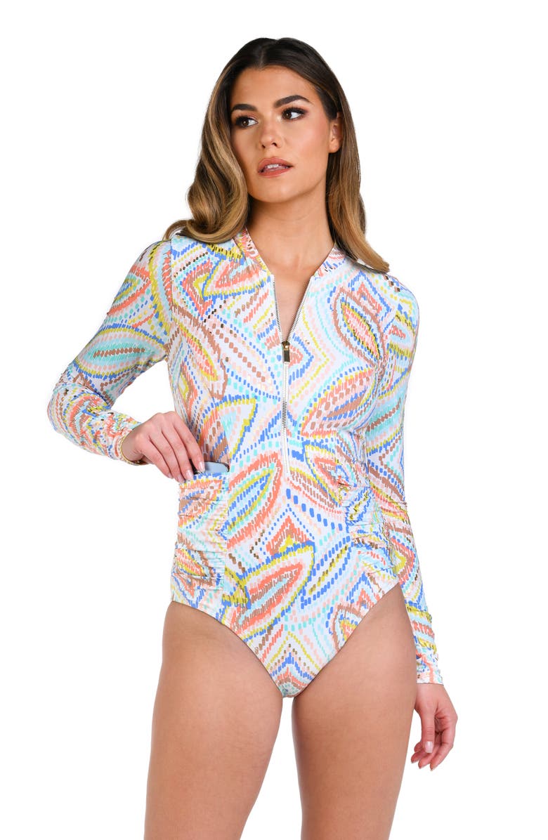 La Blanca Sunbaked Jewels Shirred Long Sleeve One-Piece Swimsuit, Alternate, color, White