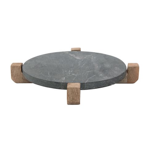 Marble Serving Board with Mango Wood Stand, Black & Natural
