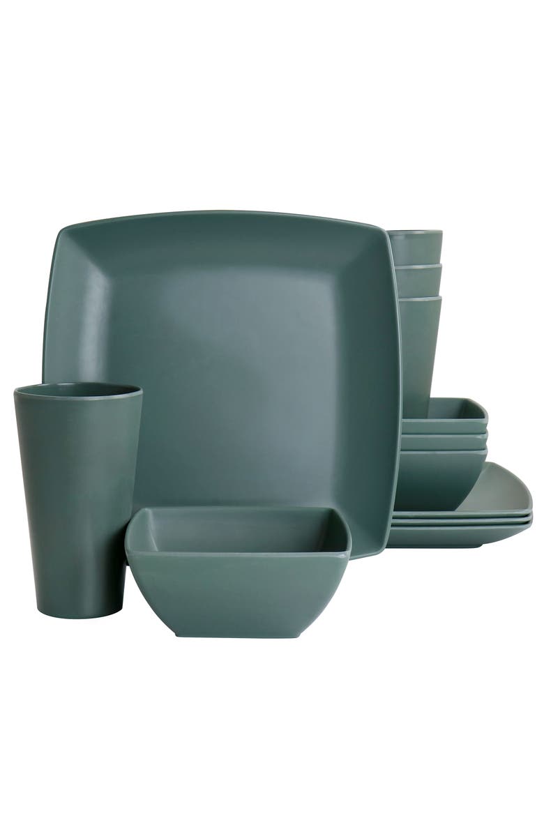 Gibson Home Grayson Melamine 12 Piece Square Dinnerware Set, Main, color, Green