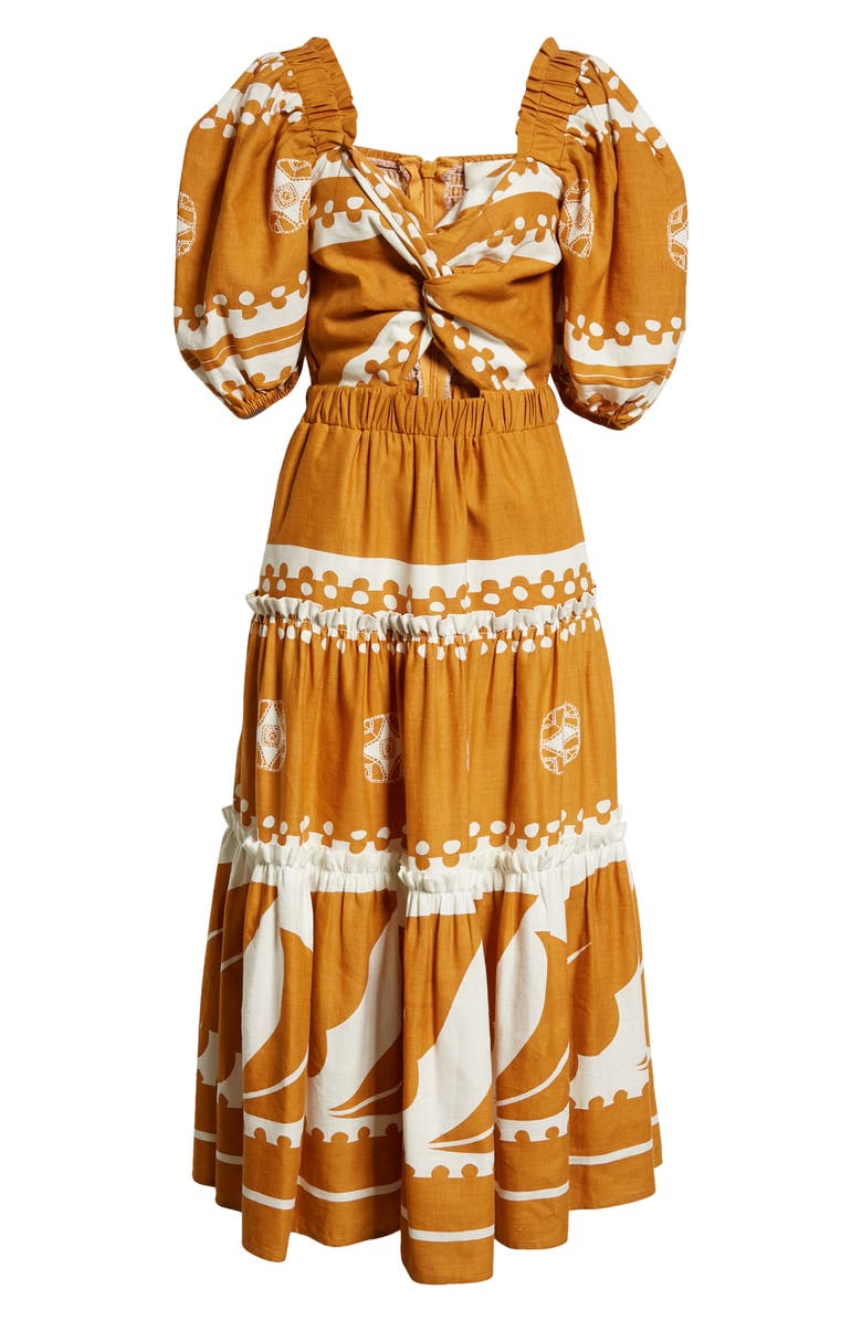 Sea Liora Puff Sleeve Cutout Linen & Cotton Dress, Alternate, color, Mustard