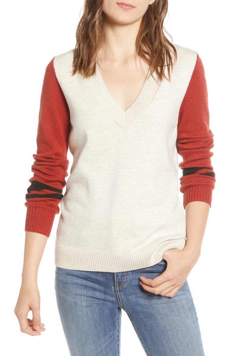 Stripe V-Neck Sweater, Main, color, BEIGE OATMEAL- RED COMBO