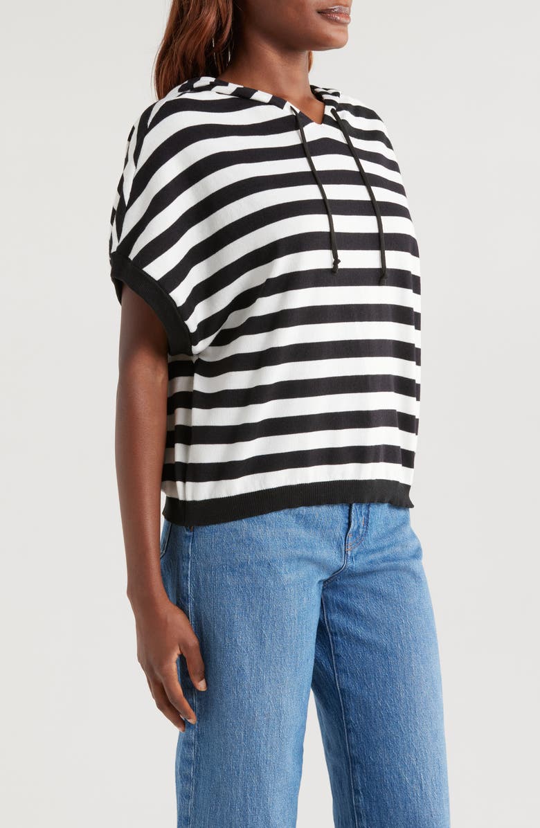 Vince Camuto Stripe Short Sleeve Hooded Sweater, Alternate, color, Rich Black/ White