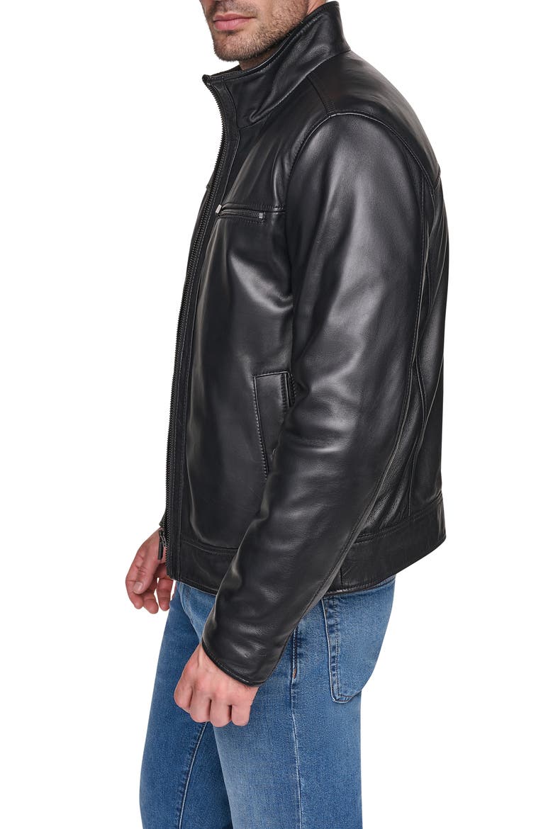 Stand Collar Leather Jacket, Alternate, color, BLACK