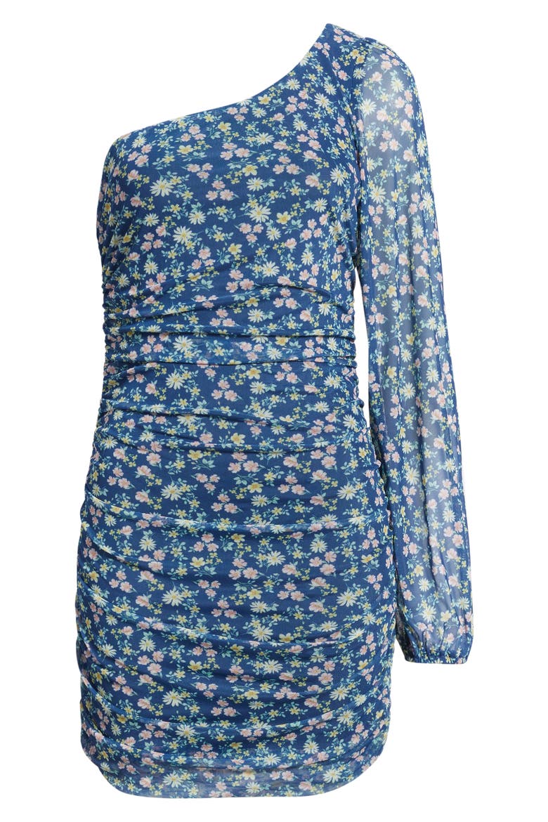 Print Mesh Shirred One-Shoulder Dress, Alternate, color, NAVY