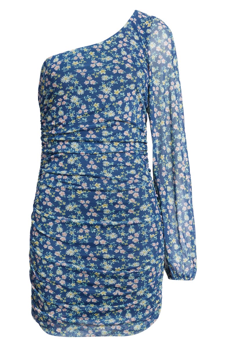 Jump Apparel Print Mesh Shirred One-Shoulder Dress, Alternate, color, 