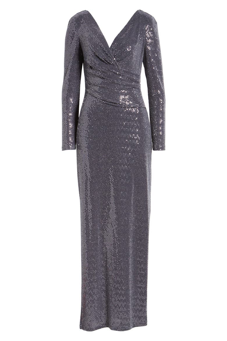 Sequin Wrap Front Long Sleeve Gown, Alternate, color, GUNMETAL