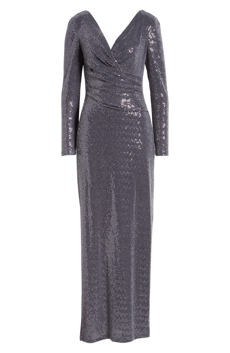 Eliza J Sequin Wrap Front Long Sleeve Gown, Alternate, color, 