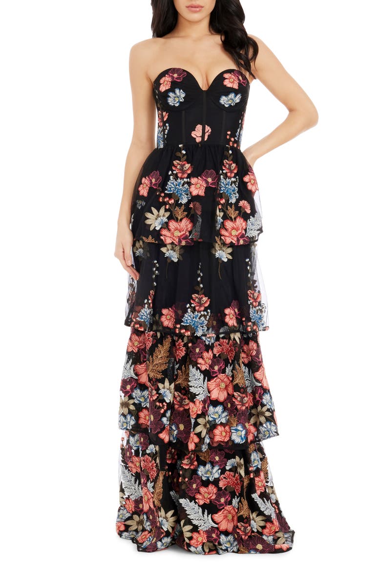 Dress the Population Layana Floral Embroidery Strapless Gown, Main, color, Canyon Clay Multi
