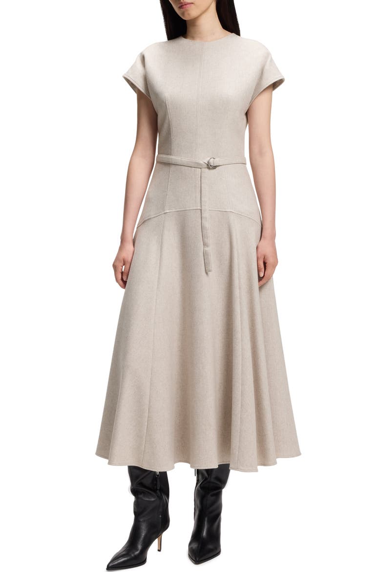 Dopala Fit and Flare Belted Wool Blend Midi Dress, Main, color, BISQUE MELANGE