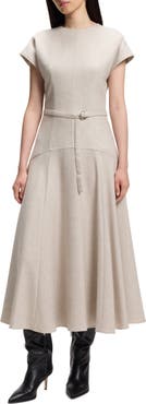 BOSS Dopala Fit and Flare Belted Wool Blend Midi Dress