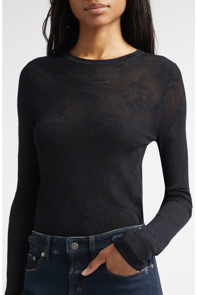 Floral Jacquard Crewneck Sweater, Alternate, color, BLACK