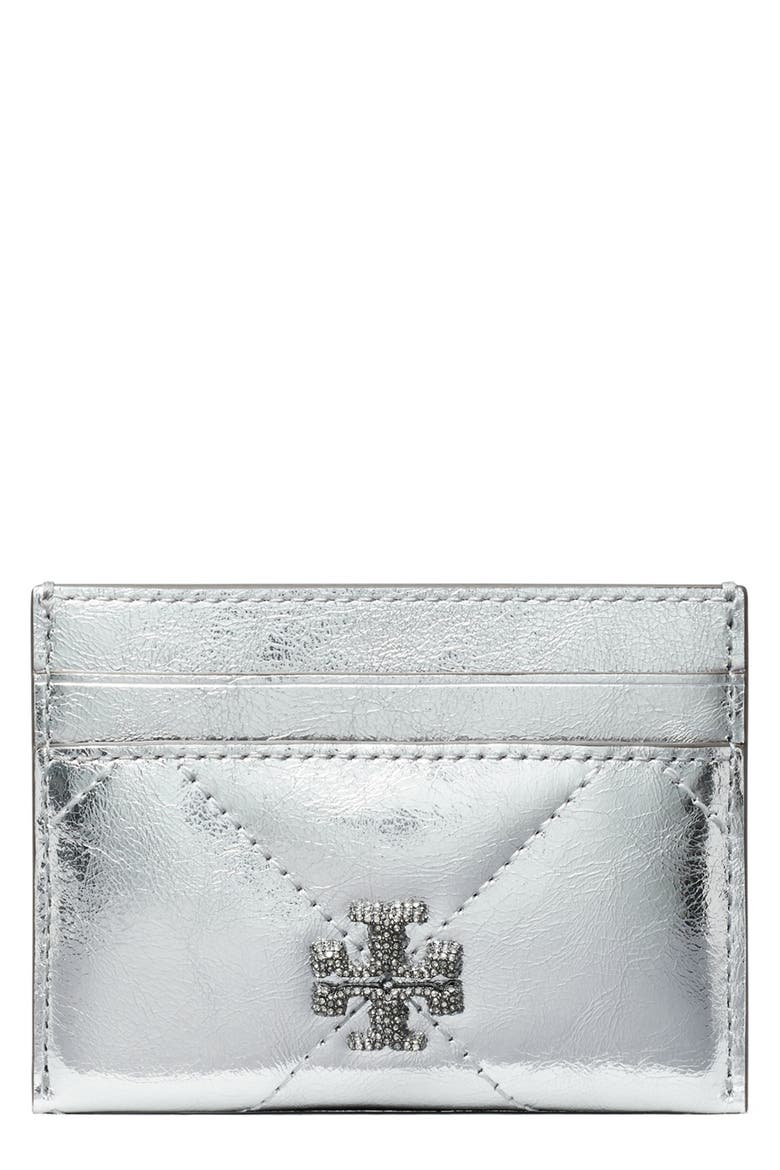 Kira Diamond Quilted Metallic Leather Card Case, Main, color, SILVER