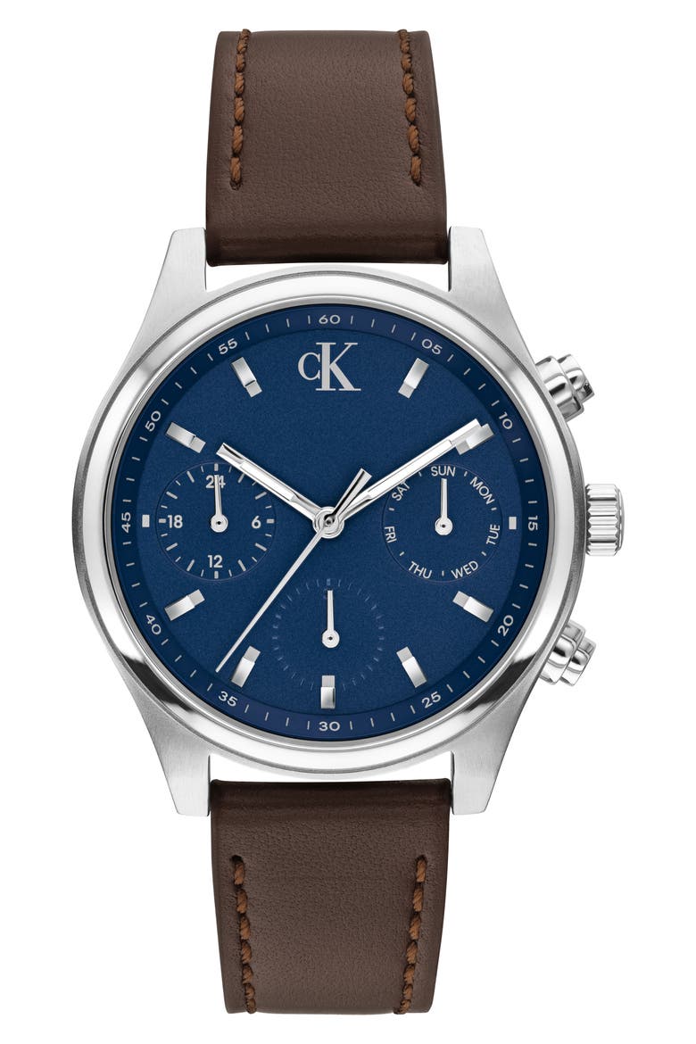Modern Vintage Leather Strap Watch, 38mm, Main, color, BLUE