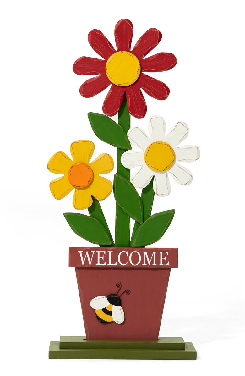 Glitzhome Wooden Trio Flowers Welcome Porch Décor, Main, color, Red