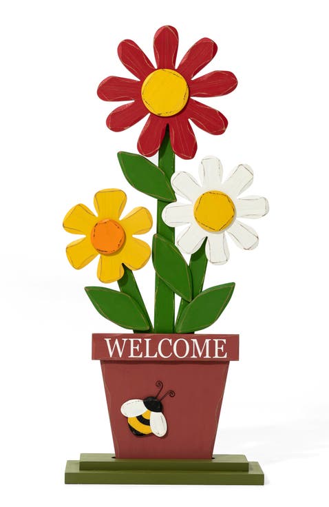 Wooden Trio Flowers Welcome Porch Décor
