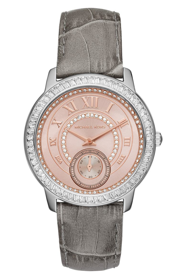 Michael Kors 'Madelyn' Leather Strap Watch, 40mm, Main, color, GREY/ ROSE GOLD