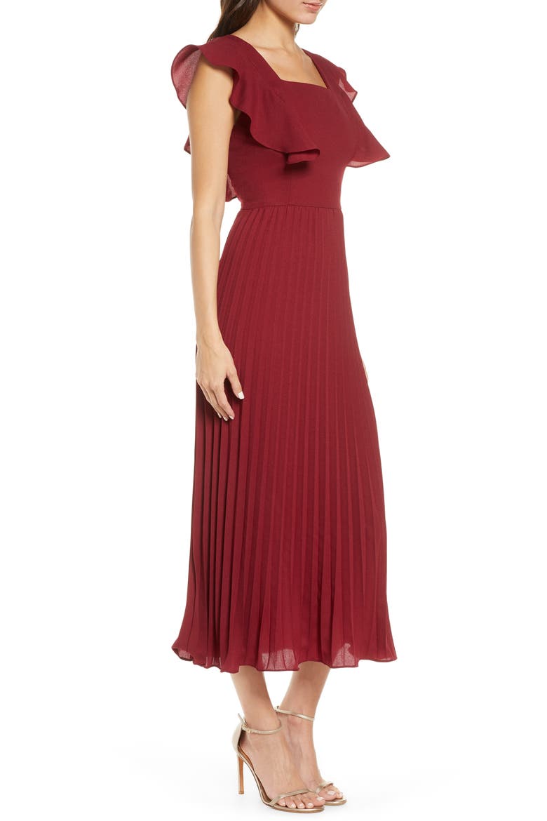 Ensra Ruffle Sleeve Midi Dress, Alternate, color, BURGUNDY