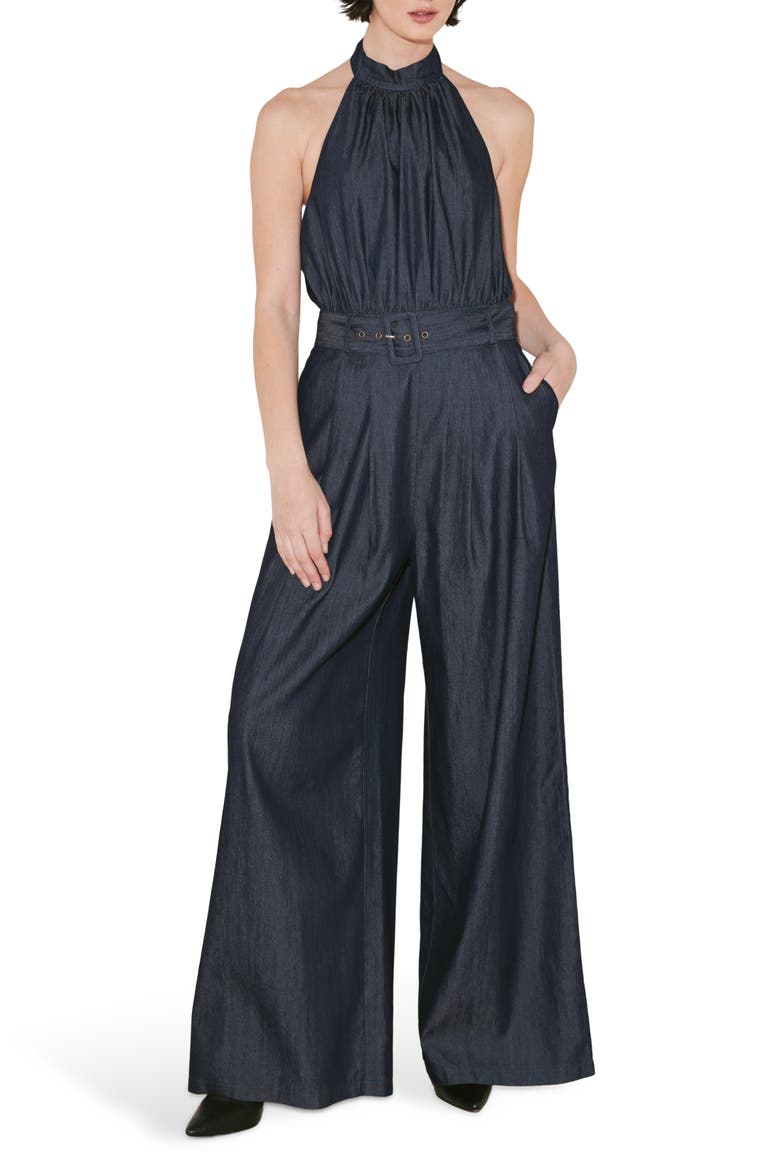 Halter Neck Denim Jumpsuit, Main, color, DENIM