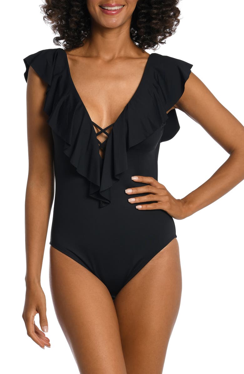 La Blanca Ruffle Plunge One-Piece Swimsuit, Main, color, Black