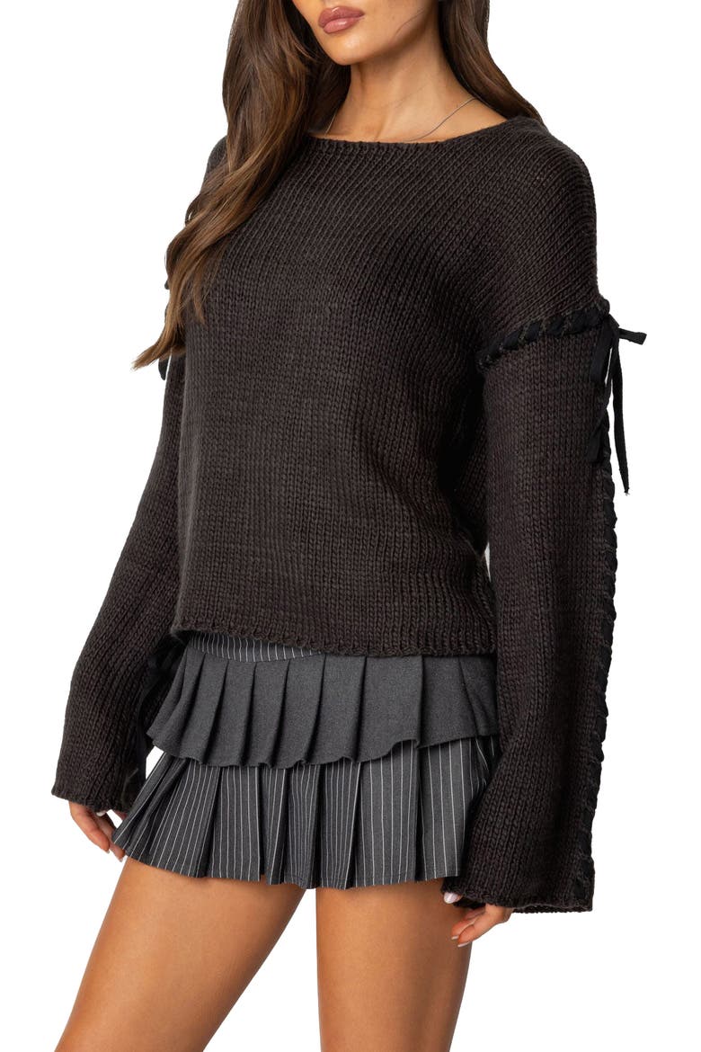 Amelia Lace Up Sleeve Sweater, Alternate, color, DARK-GRAY