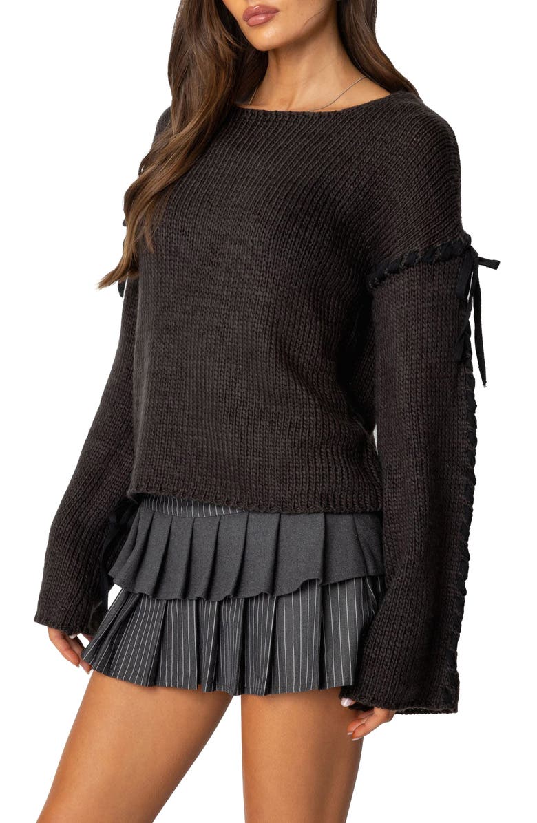 EDIKTED Amelia Lace Up Sleeve Sweater, Alternate, color, Dark-Gray