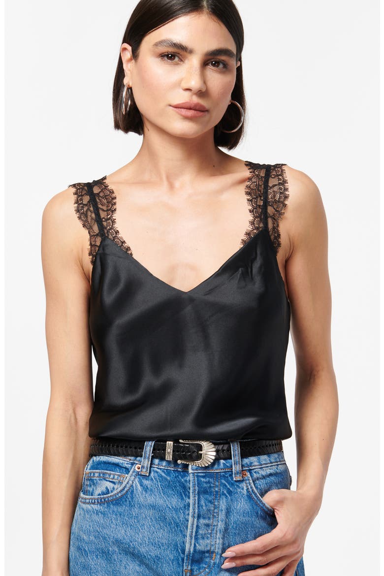 Marlo Lace Trim Silk Charmeuse Tank, Alternate, color, BLACK