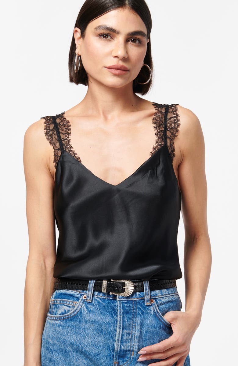 CAMI NYC Marlo Lace Trim Silk Charmeuse Tank, Alternate, color, Black