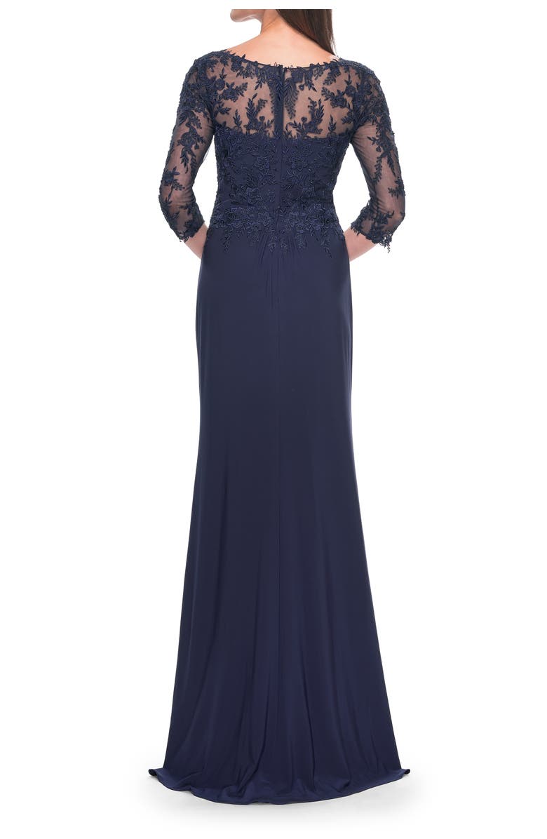 La Femme Long Evening Gown with Lace Illusion Sleeves and Neckline, Alternate, color, Navy