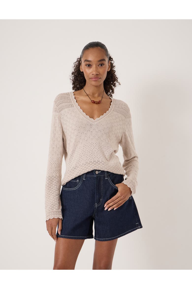 Pointelle Cotton V-Neck Sweater, Main, color, Stone White