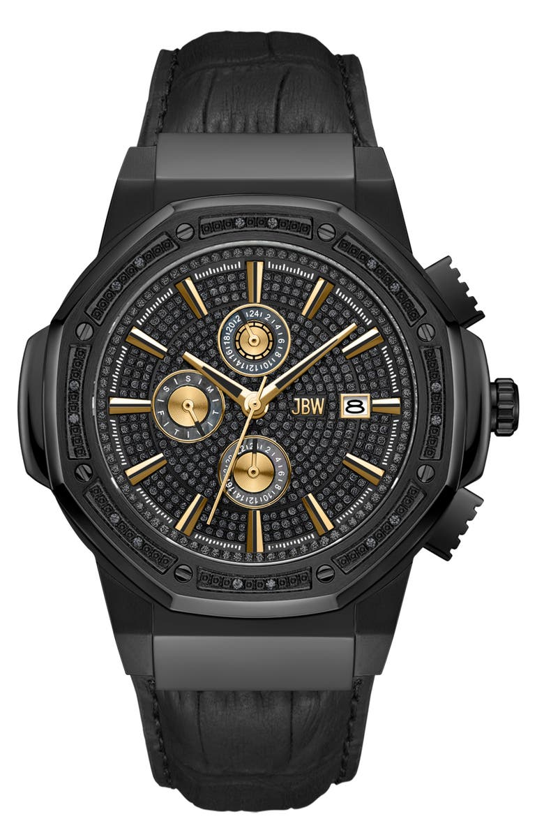 JBW Saxon Diamond Croc Embossed Leather Strap Watch, 44mm - 0.08 ctw, Main, color, Ip Black