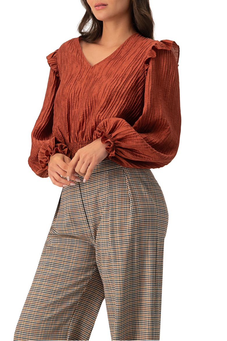 V-Neck Smocked Blouse with Ruffle Sleeves, Alternate, color, Chedron